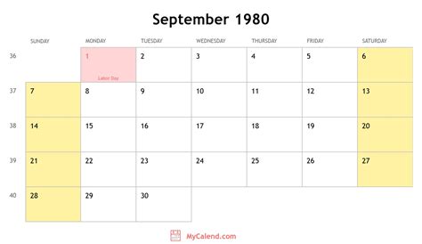 Calendar For September 1980